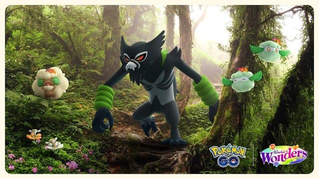An image of Whimsicott, Flabebe, Zarude, and Cottonee in a jungle setting.