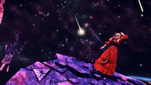 A woman wearing a long red dress stands atop a purple rock and faces a starry sky, staring out as shooting stars pass by.