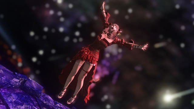 Final Fantasy XIV screenshot showing a woman wearing a long red dress jumping with joy as blurred stars shine behind her