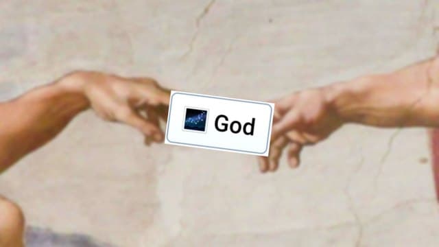 Infinite Craft God block atop a blurred backdrop featuring the painting The Creation of Adam by Michelangelo