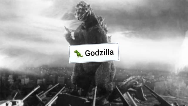 Infinite Craft Godzilla block atop a blurred backdrop showing the film version of the monster destroying a city in black and white