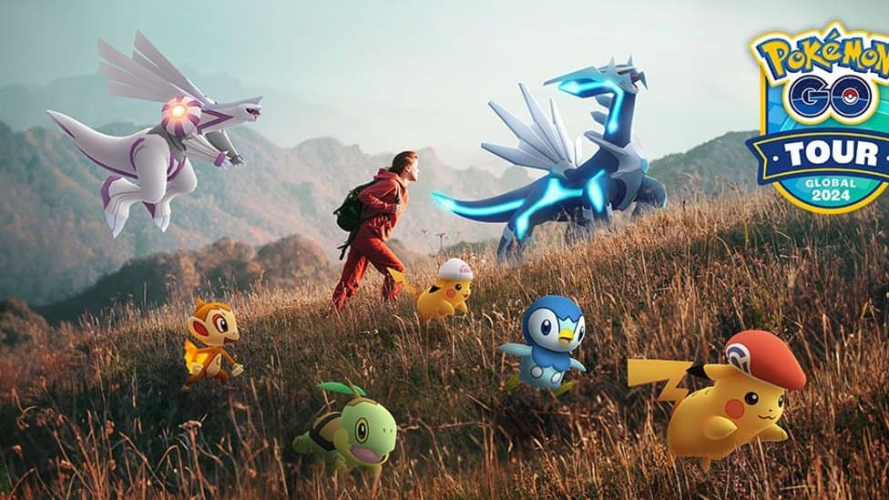 A trainer climbs a hill accompanied by Dialga, Palkia, Turtwig, Chimchar, Piplup, and two Pikachu wearing hats based on Lucas and Dawn.