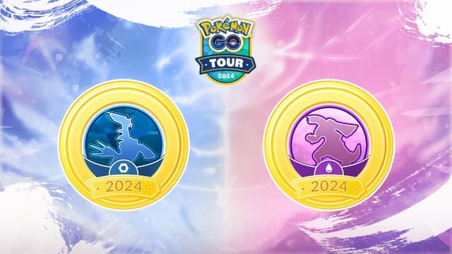 Two badges depicting Dialga and Palkia for 2024 Pokémon GO Tour: Sinnoh.