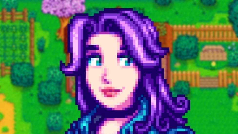 Stardew Valley character Abigail, a woman with long purple hair and blue eyes, smiles to the side against a vibrant blurred farm backdrop