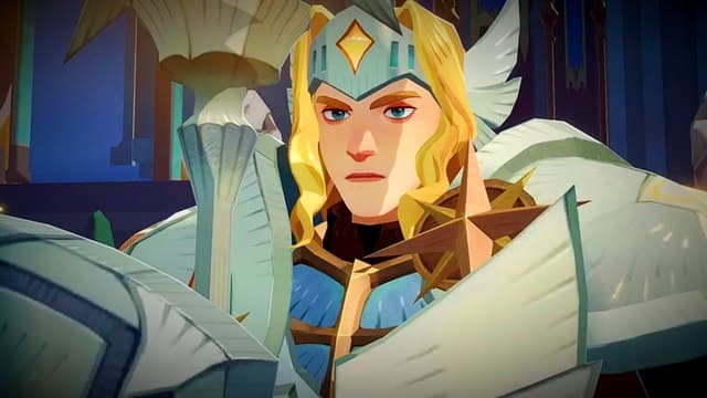 AFK Journey cinematic screenshot showing a man with long blond hair in white knight-like armor