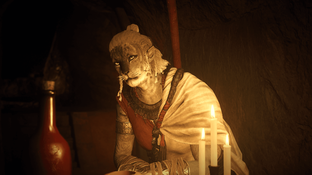 Dragon's Dogma 2 Beastren woman wearing a white scarf stands amid candle light