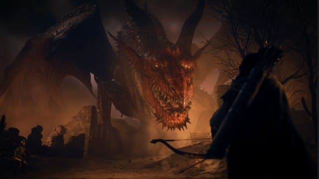 Dragon's Dogma 2 dragon glaring ahead, engulfed in smoke with glowing orange eyes as the shadow of the player can be seen in the forefront