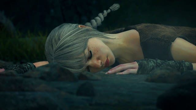 Dragon's Dogma 2 character with braided white hair and bangs laying on the ground with her eyes shut