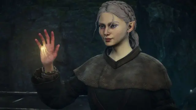 Dragon's Dogma 2 Pawn woman with long white hair holds her right arm up, her palm glowing golden yellow