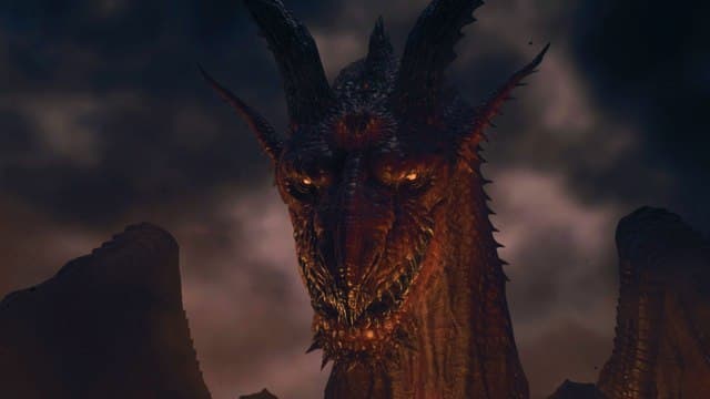 Dragon's Dogma 2 dragon with glowing orange eyes stares ahead, its red scales shining in the smoke-y sky