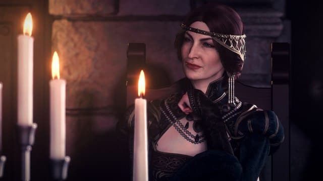 Dragon's Dogma 2 NPC woman sitting before three glowing candles, wearing noble attire