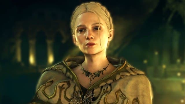 Dragon's Dogma 2 character Doireann, an elf woman with long tied-back white hair, looking on ahead