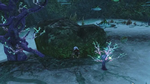 A screenshot of the Island Sanctuary's Coral Formation node with a drowned Miqo'te next to it.
