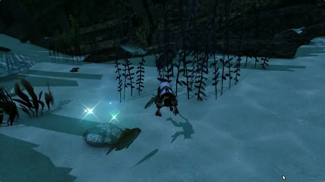 A screenshot of the Island Sanctuary's Large Shell node with a drowned Miqo'te next to it.
