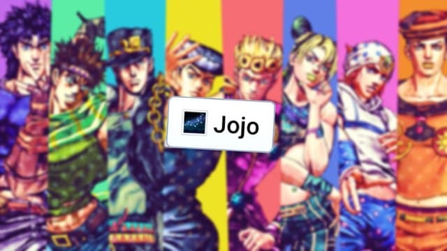 Infinite Craft Jojo block atop a blurred backdrop featuring every JoJo Joestar character from anime JoJo's Bizarre Adventure