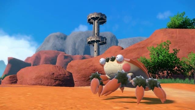 Klawf scuttles in front of a watchtower in a desert area.