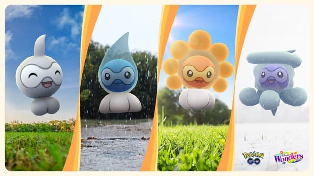 The four forms of Castform, each dependent on a certain weather condition.
