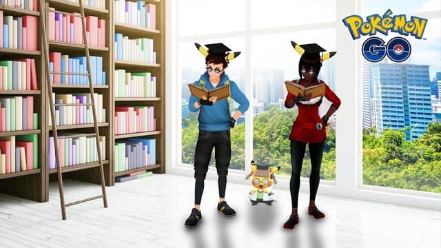 Two trainers stand next to Pikachu PhD. wearing a cap and glasses resembling the Pokemon.
