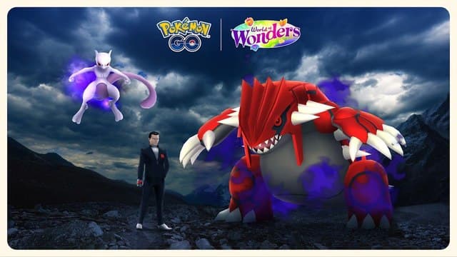Giovanni, leader of Team GO Rocket, stands next to Shadow Mewtwo and Shadow Groudon.