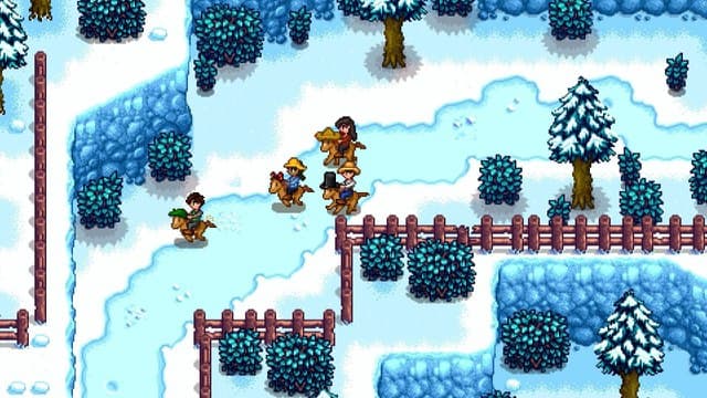 Four farmers on horses during winter in Stardew Valley