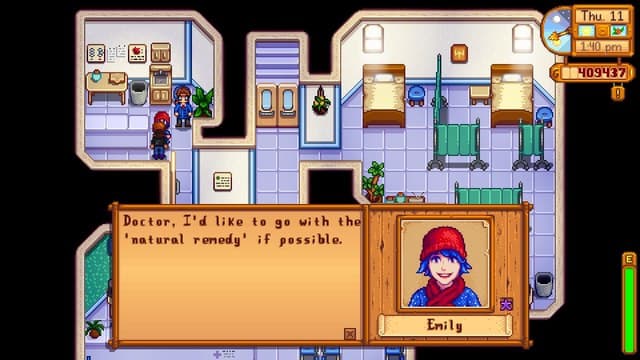 In this image, Stardew Valley's Emily requests a natural remedy from her doctor, which tells you much of what you'd want to know about her.