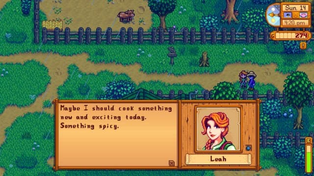 Chatting with Leah early in a game of Stardew Valley.