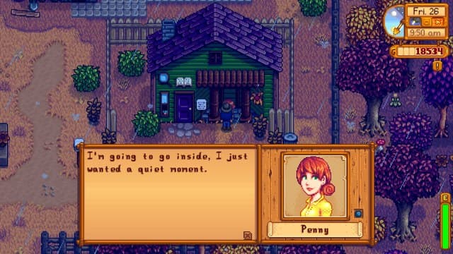 Penny just needs a second, as the player speaks with her in Stardew Valley.