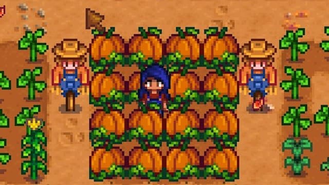 A blue-haired Stardew Valley farmer, up to her waist in ripe Pumpkins.