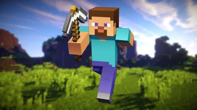 Minecraft Realms Cross-Platform: Steve, a blocky game character with short brown hair and a turquoise shirt, wields a pickaxe and runs across a grassy field