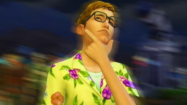 Sims 4 male figure wearing a lime green and magenta Hawaiian shirt looking confused