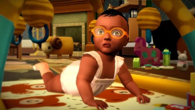 Sims 4 Growing Together cheats: a baby wearing a white summer outfit looks surprised, orange glasses on her face