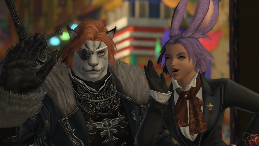 Showcase of Viera and Hrothgar wearing Ambitious Ends hairstyle